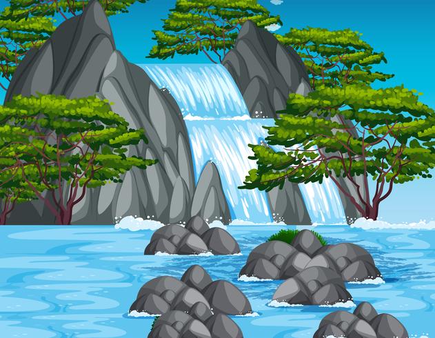 Escena de cascada en el bosque vector