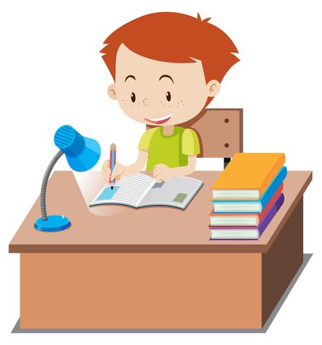 Little boy doing homework on table vector