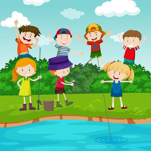 Happy children fishing in the park vector