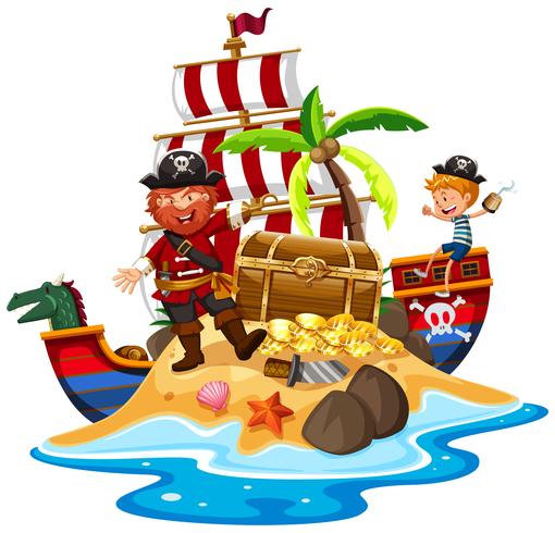 Pirata y barco en la isla del tesoro. vector