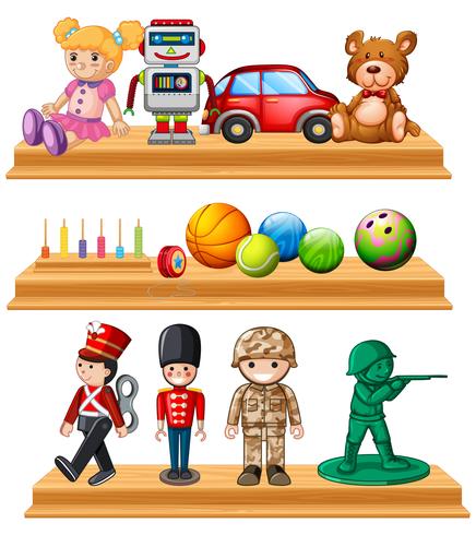 Different dolls and balls on shelves vector