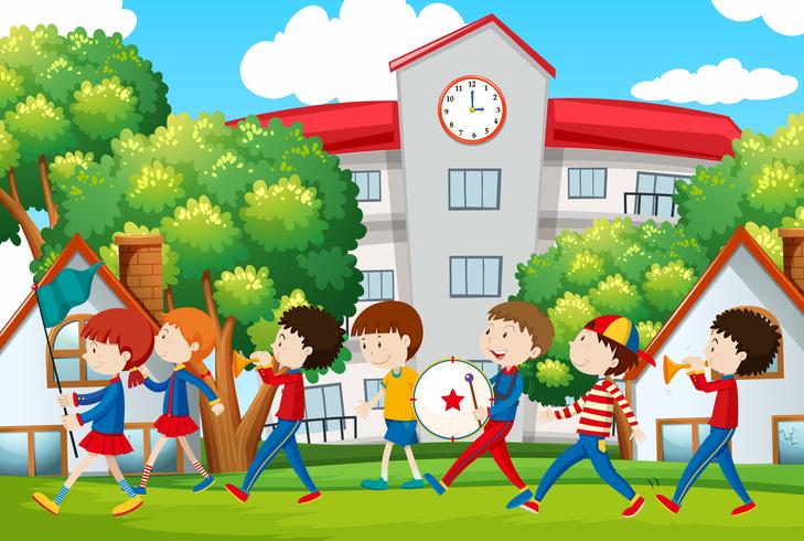 School band marching in front of school vector