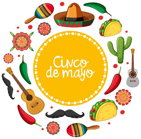 Plantilla de tarjeta de cinco de mayo con instrumentos musicales mexicanos. vector