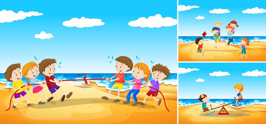 Niños jugando juegos en la playa. vector