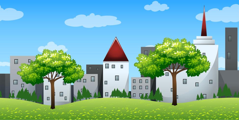 Seamless background with buildings on the hills vector