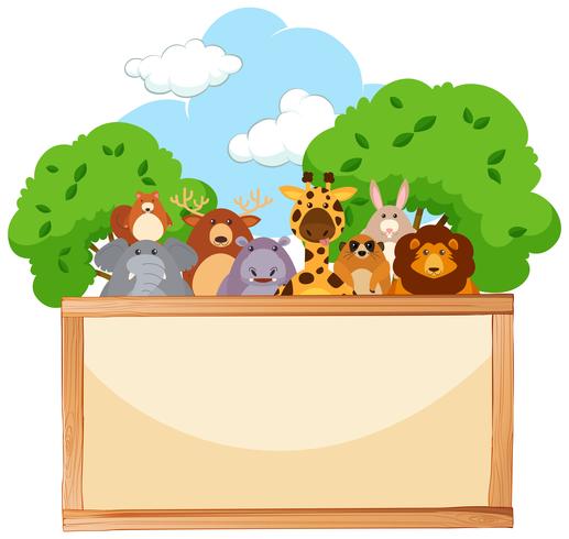 Wooden board with cute animals in background vector