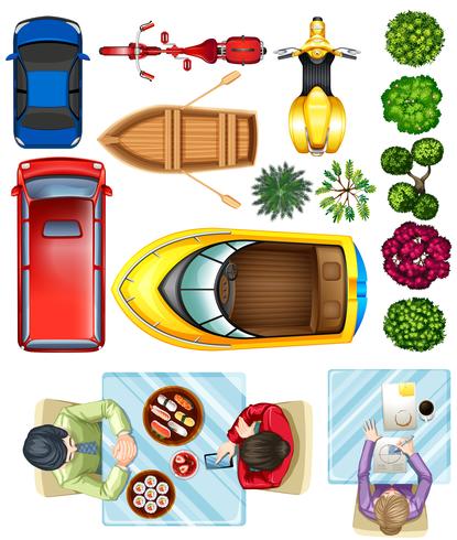 Topview of vehicles, plants and people at the table vector