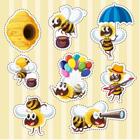 Sticker design with bees and beehive vector