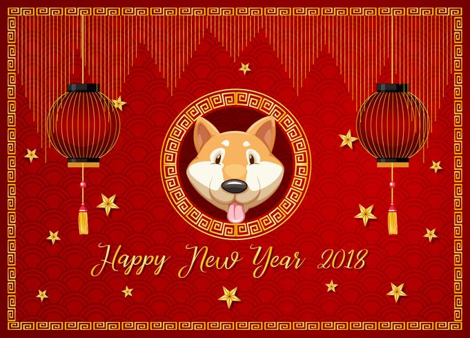 New year card template with dog and red lanterns vector