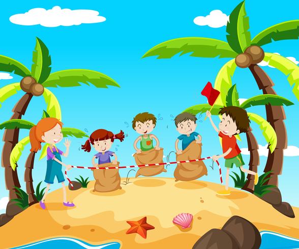 Kids in jumping race on the beach vector