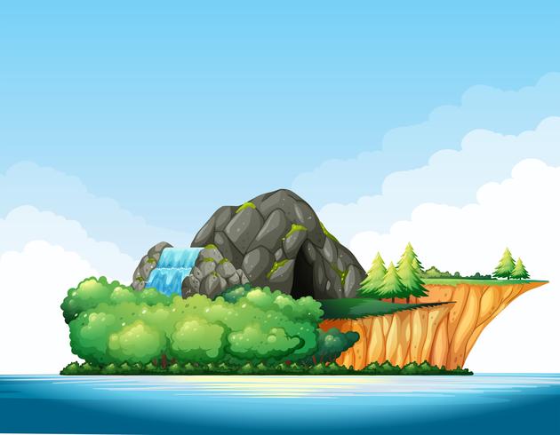 Escena de la naturaleza con cueva y cascada en la isla. vector