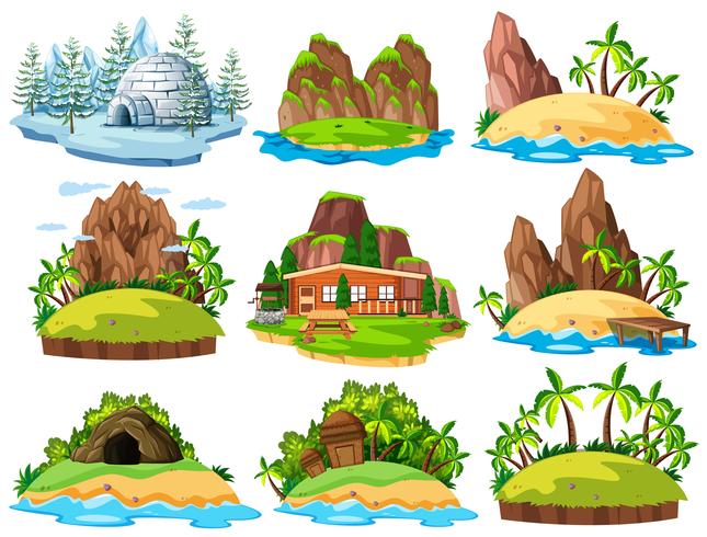 Different buildings and things on islands vector