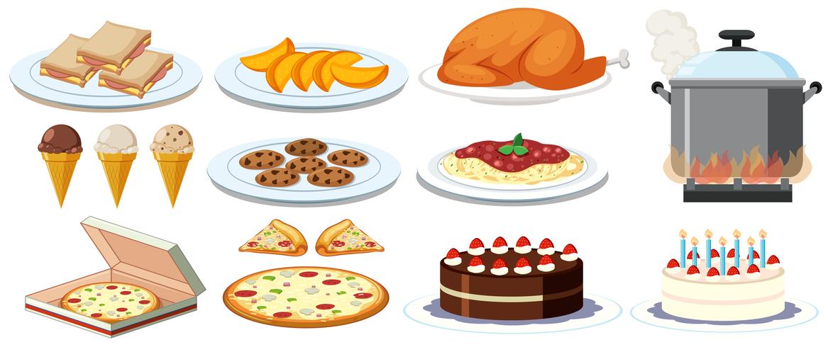 Different kinds of food on plates vector