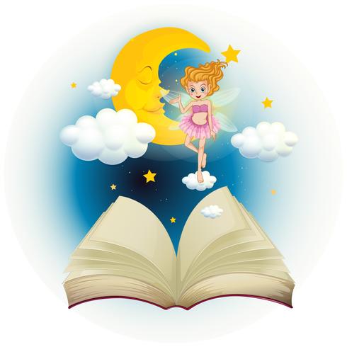 An open book with a cute fairy and a sleeping moon vector