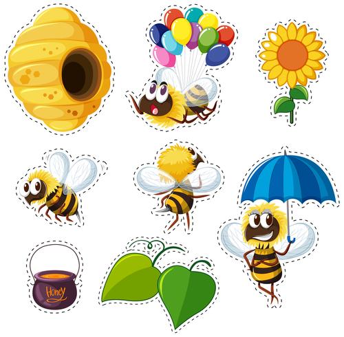 Sticker design for bees and beehive vector