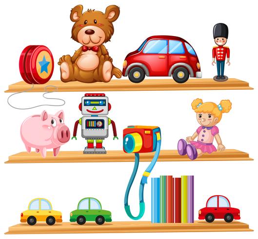 Muchos juguetes y libros en estantes de madera. vector