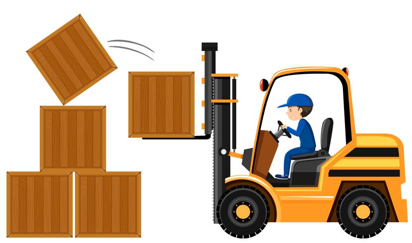 Man lifting wooden boxes with forklift vector