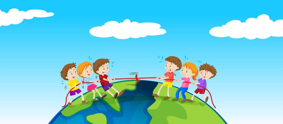 Children playing tug of war on earth vector