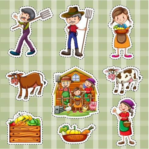 Set de pegatinas para agricultores y cultivos. vector