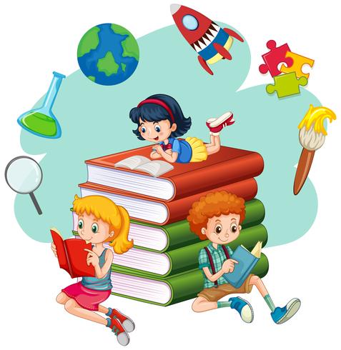 Tres niños leyendo libros vector