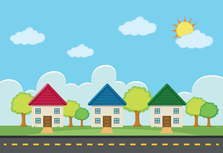 Scene with three houses along the road vector