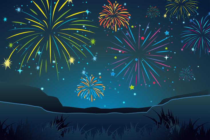 Night scene with fireworks in sky vector