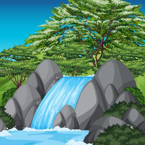 Escena de la cascada con árboles verdes y cielo azul vector