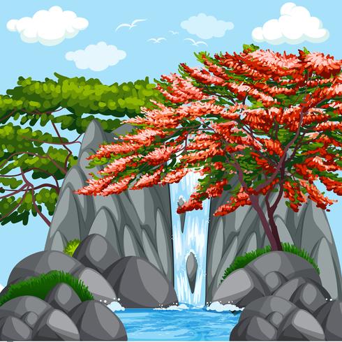 Escena de fondo con arboles en cascada vector