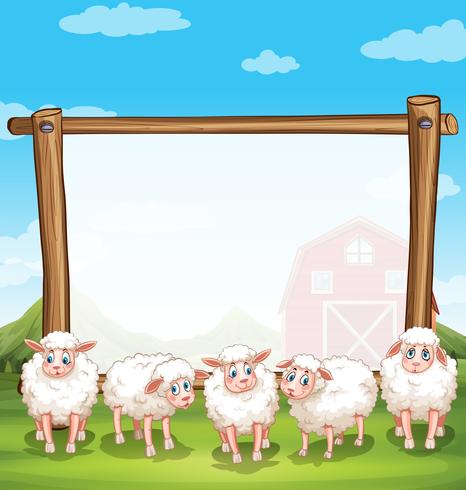 Wooden frame with sheeps in the farm vector