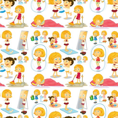 Seamless girl doing different activities vector