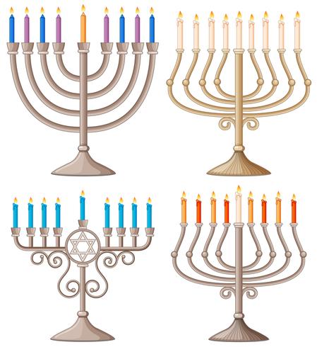 Feliz Hanukkah con diferentes diseños de candelabros. vector