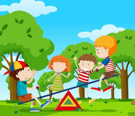 Children playing seesaw in the park vector