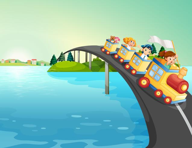 Niños montando tren sobre el puente. vector