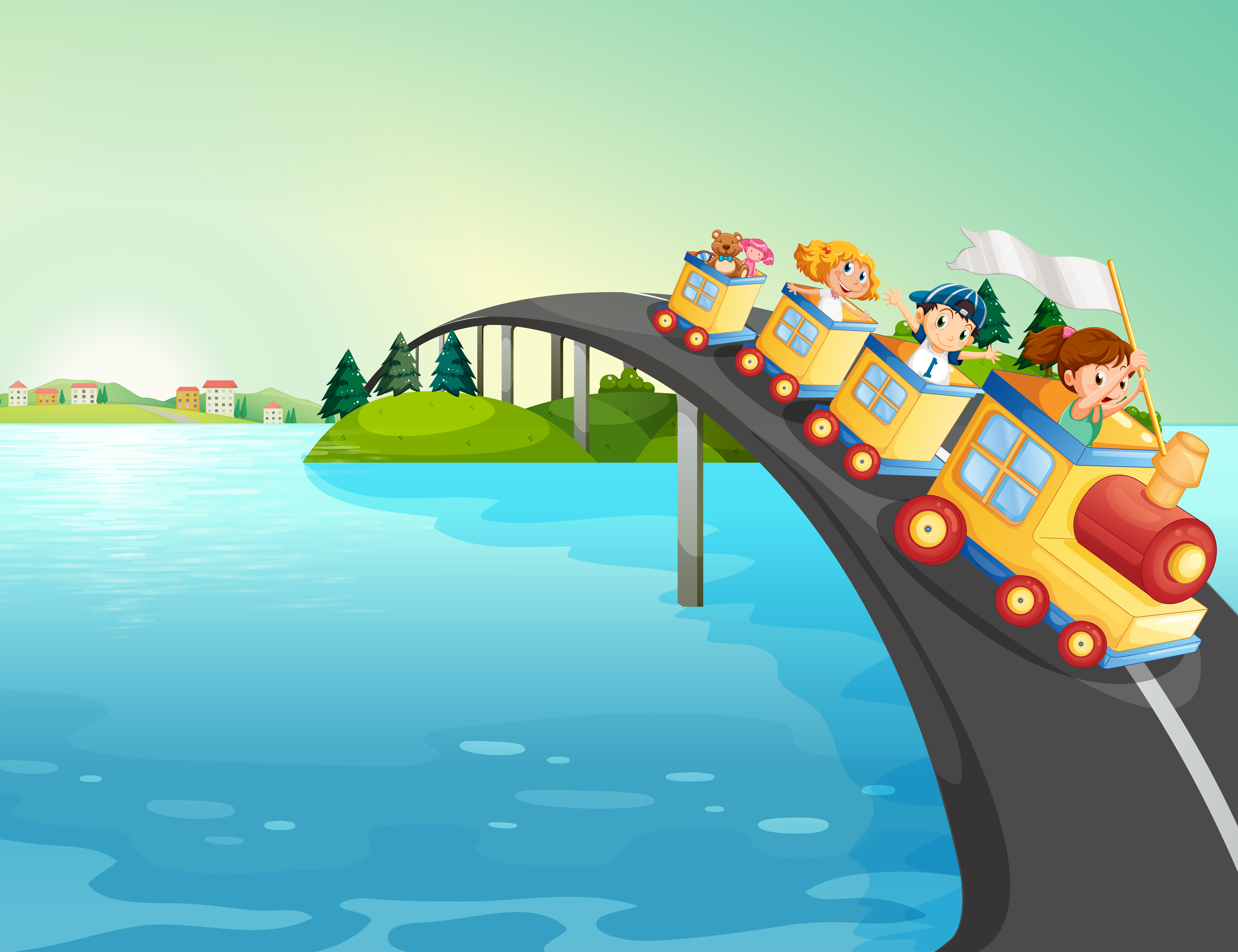 Машина едет по реке. Мост через реку для детей. Иллюстрации мостов для детей. Мост через речку для детей. Мост рисунок.