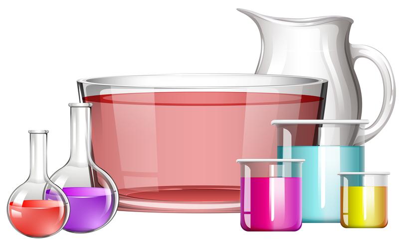 Different science beakers with liquid vector