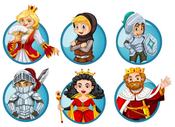 Different fairytales characters on round badge vector