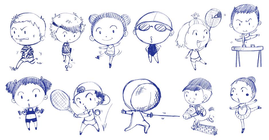 Blue doodle design of people playing with the different sports vector