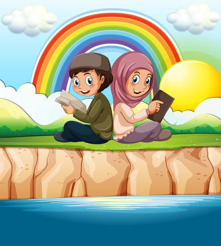 Muslim boy and girl reading book vector