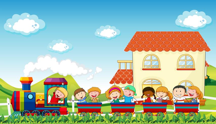 Niños y tren vector