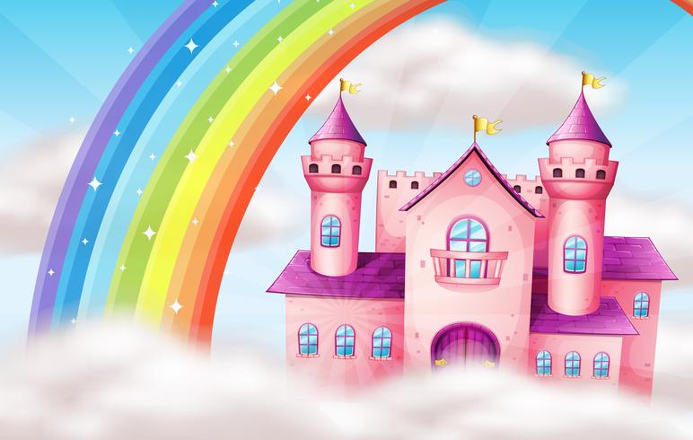 Un hermoso castillo pastel y arco iris vector