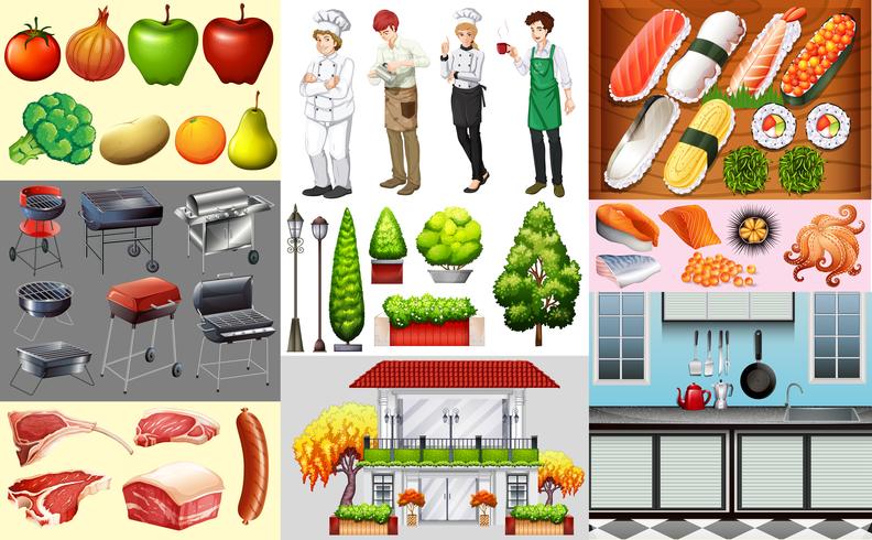 People working in food business and different kinds of food vector