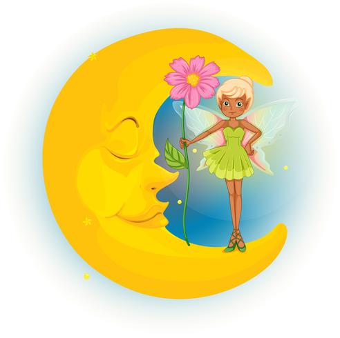 A fairy holding a flower and a sleeping moon vector