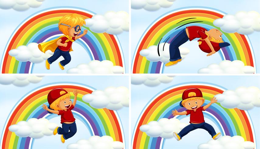 Boys in different acions on rainbow background vector