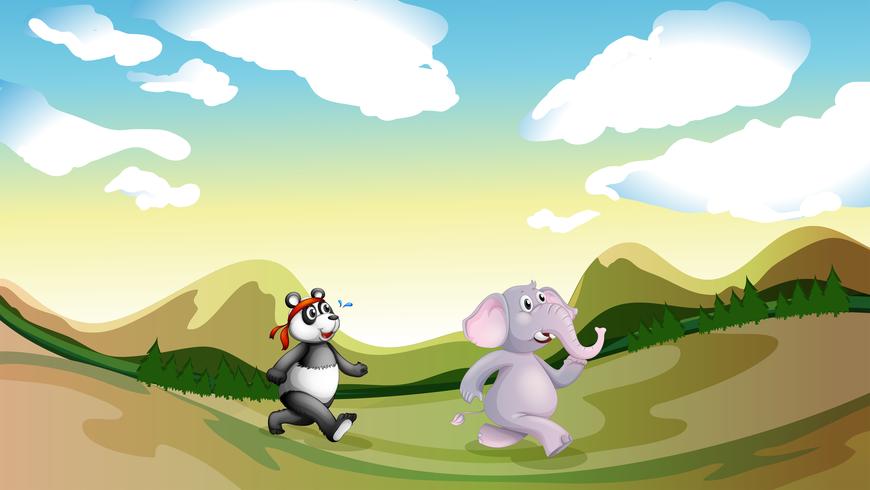 Un panda y un elefante caminando por las montañas. vector