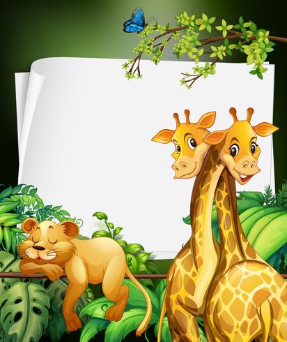 Border deisgn with giraffes and lion in the woods vector