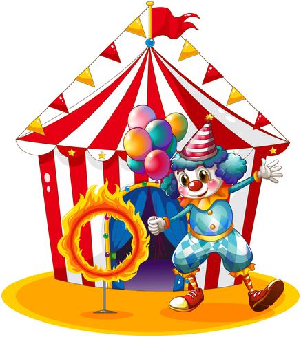 Un payaso sosteniendo globos cerca del anillo de fuego. vector