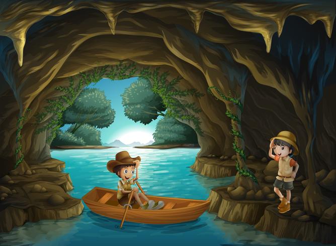 A girl and a boy at the cave vector