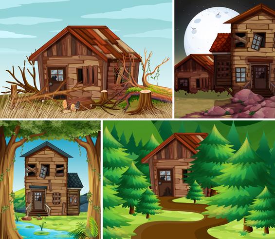 Four scenes with old houses in the field vector