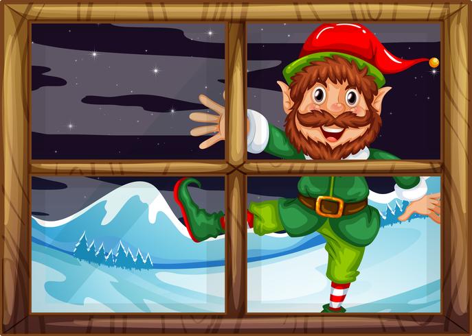 Un christmad elf fuera de la ventana. vector