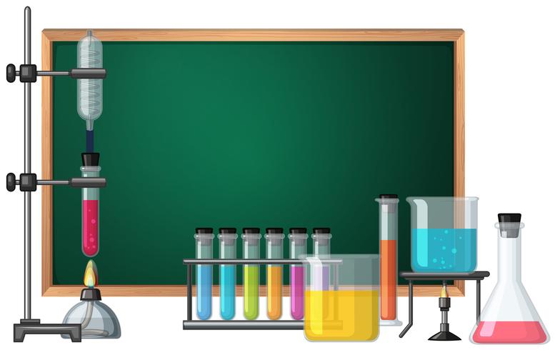 Plantilla de pizarra con equipos de ciencia en el fondo vector